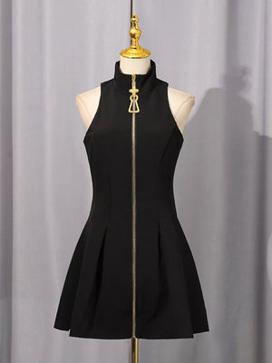 Black with Zip Up Sleeveless Mini Dress in Black