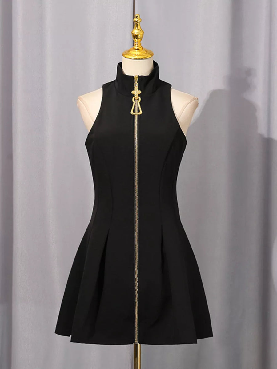 Black with Zip Up Sleeveless Mini Dress in Black