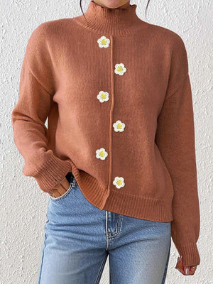 Floral Applique Turtleneck Sweater in Ochre