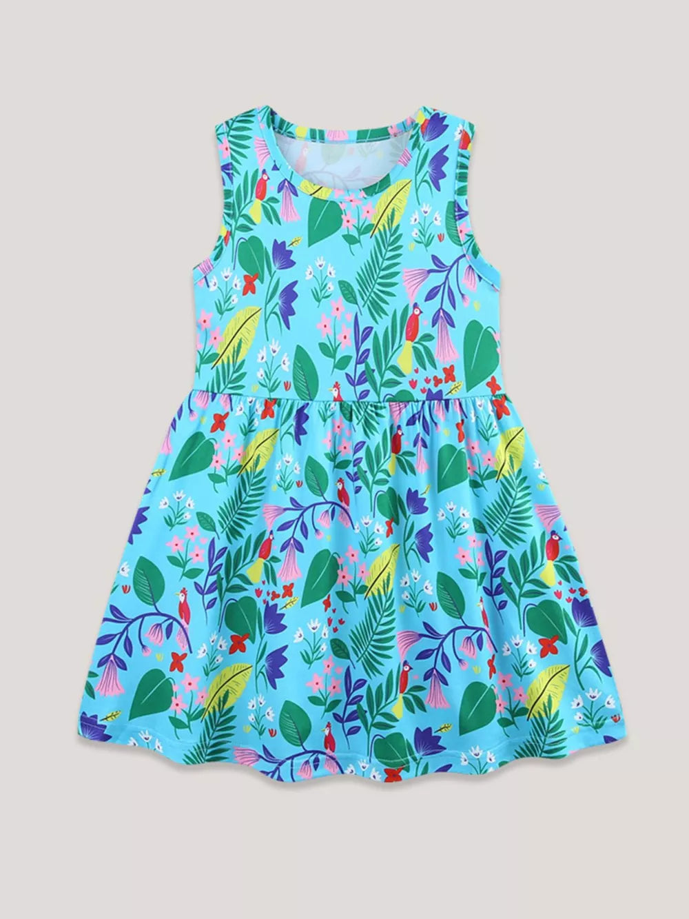 Toddler blue sleeveless cotton dress with a playful floral and bird print.