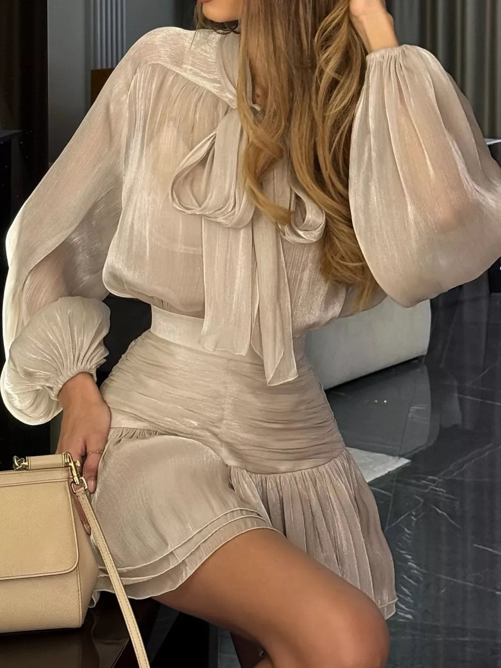 glam two-piece set in silver with v-neck