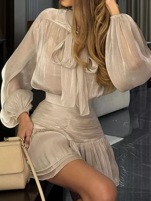 glam two-piece set in silver with v-neck