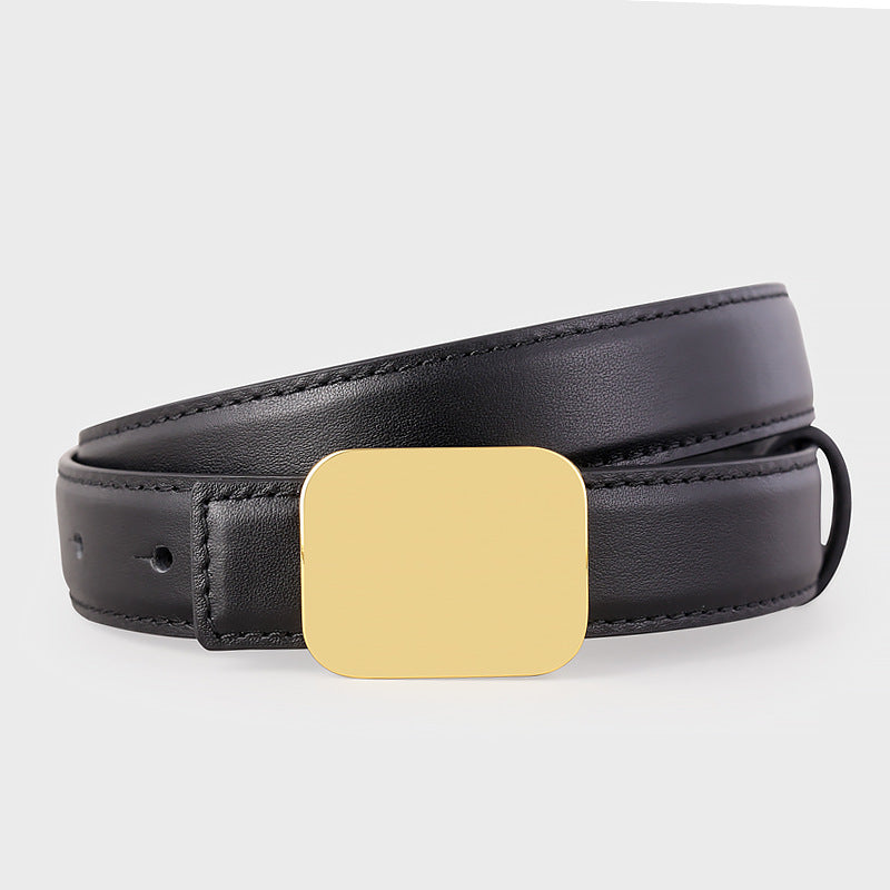 Black leather casual belt with a gold rectangular buckle