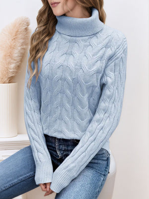 turtleneck sweater in Dark Blue with cable knit and cable-knit