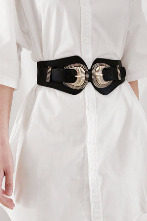 Black elastic corset belt with sculpted gold double buckle and stud detail