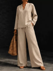 Notched Long Sleeve Top And Pants Set in Navy with notched