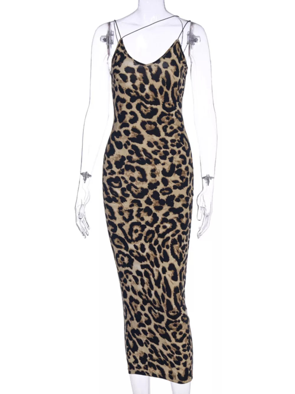 Leopard print midi dress with spaghetti straps and deep v-neck.