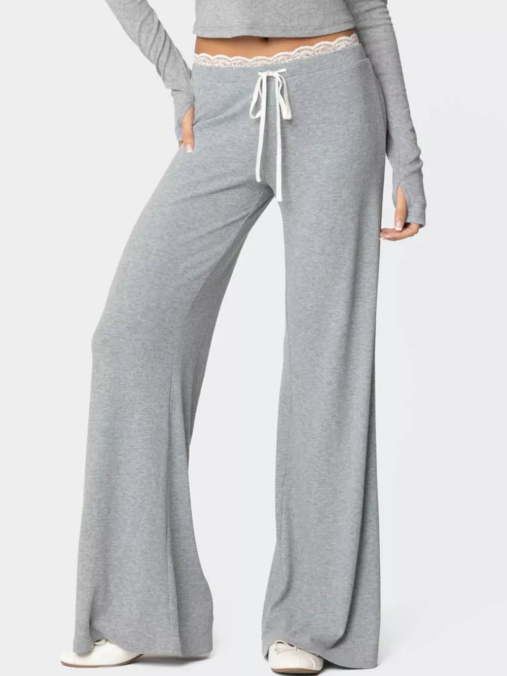 Grey lace trim wide leg lounge pants with drawstring waist