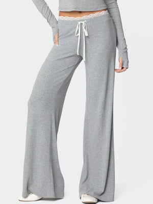 Grey lace trim wide leg lounge pants with drawstring waist