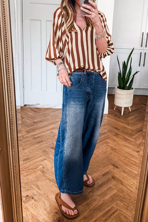 Striped Notched Half Sleeve Casual Blouse option 6