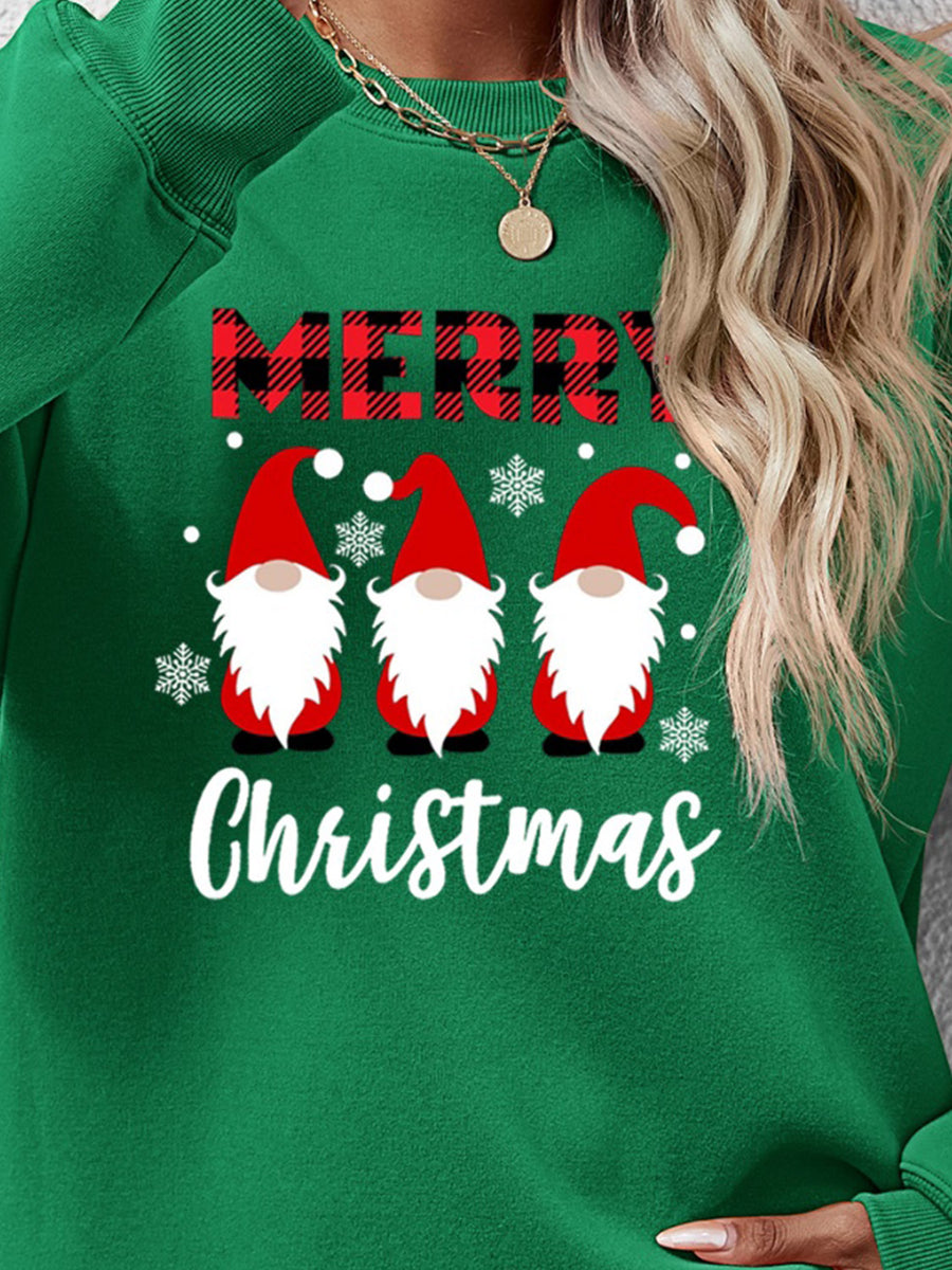 Green Christmas gnome graphic sweatshirt with Merry Christmas text and snowflakes.