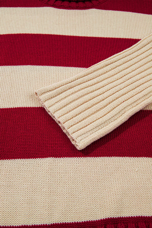pullover sweater in burgundy with ribbed trim and hip-length