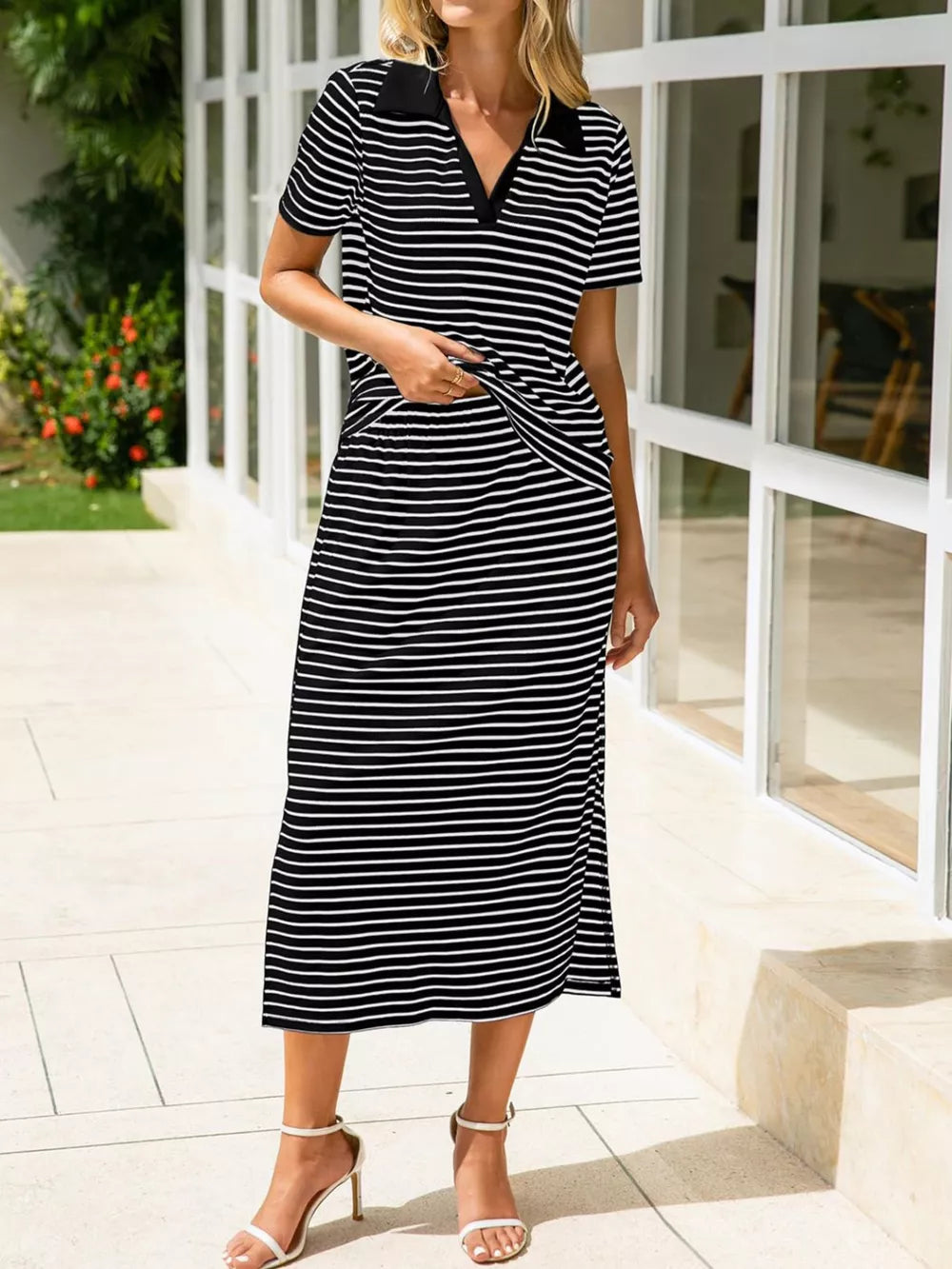 black two-piece set with striped and collared