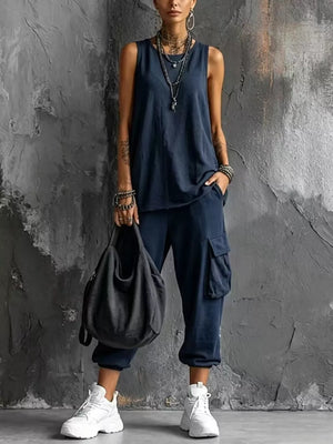 Casual Tank And Cargo Pants Set Plus Size in Burgundy
