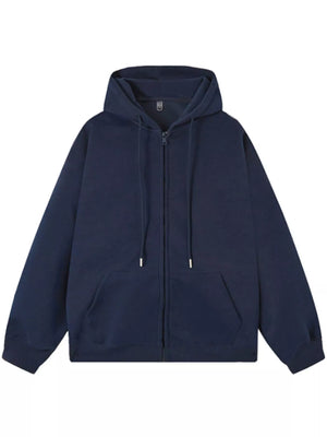 Navy blue casual zip-up hoodie with drawstring hood and front pocket.
