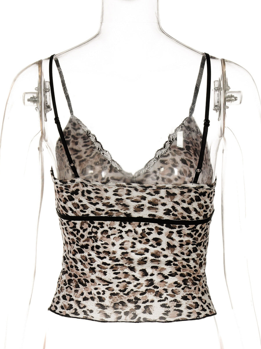 Leopard print lace trim cami tank top with adjustable straps and black trim.