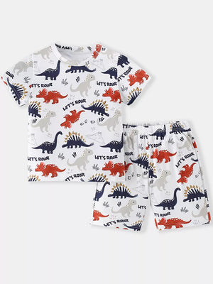 Kids dinosaur print pajama set with short sleeves and shorts.