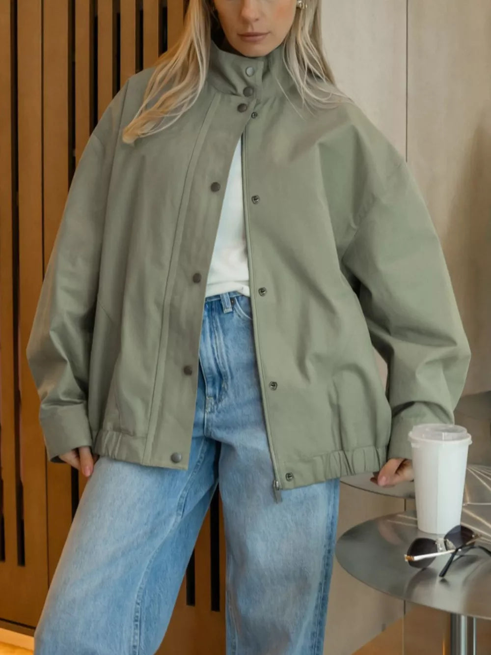 Light Green relaxed bomber jacket with collared