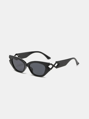 Black cat-eye sunglasses with geometric diamond accents on the temples.