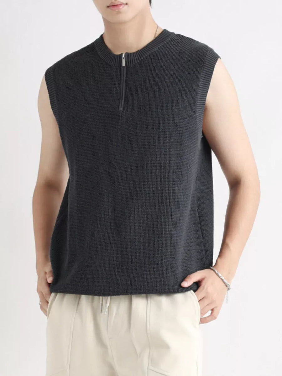 Men's dark gray textured knit quarter-zip tank top with a mock neck.