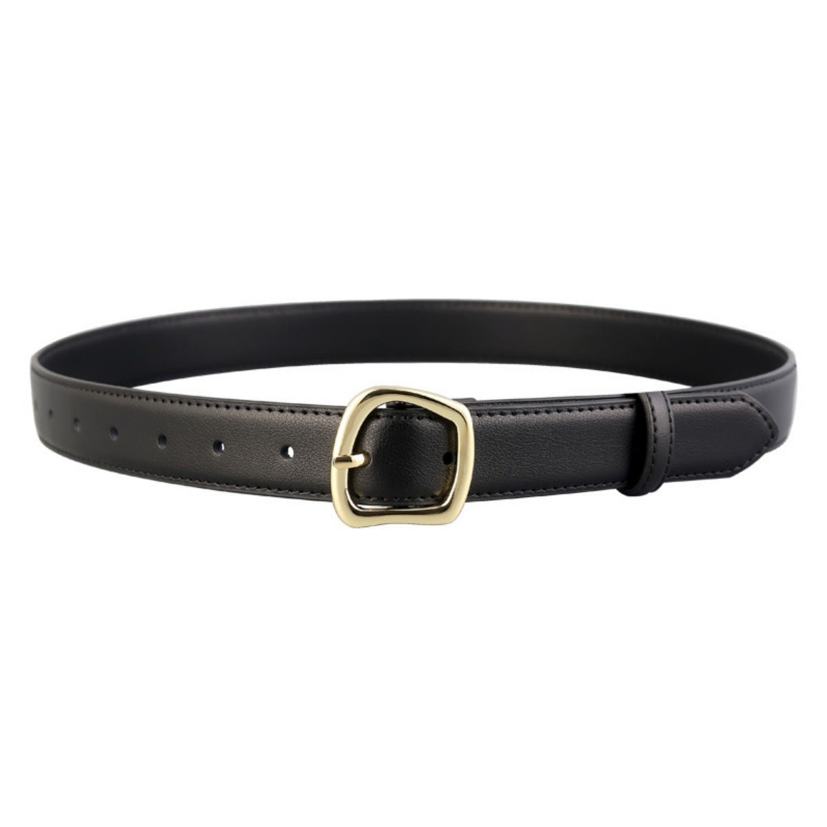 Black cowhide leather belt with a gold buckle and adjustable holes.