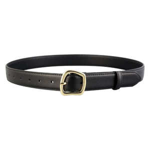 Black cowhide leather belt with a gold buckle and adjustable holes.