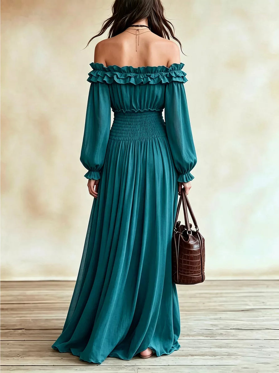 Mustard A-line maxi dress with off-shoulder
