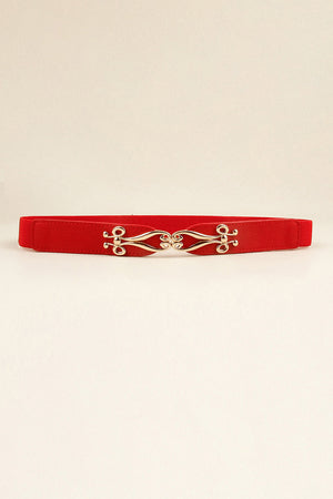 Red elastic belt with sculpted gold alloy clasp