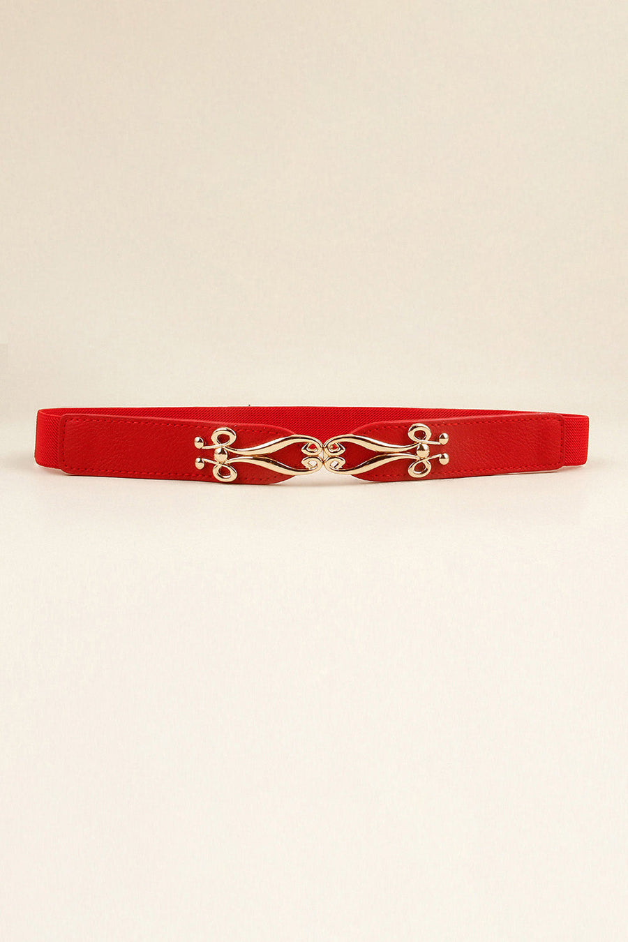Red elastic belt with sculpted gold alloy clasp
