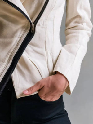 100% polyester Care instructions: Machine wash cold moto jacket in cream with fitted silhouette