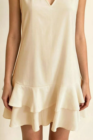 Beige V-neck mini dress with tiered ruffle hem, sleeveless, polyester