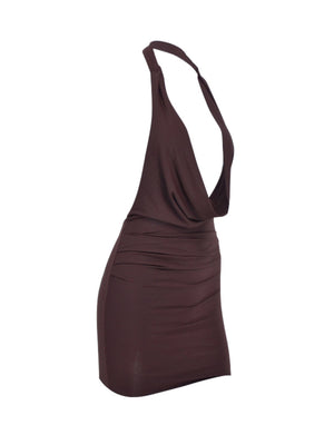 Dark brown ruched cowl neck mini dress with halter straps and bodycon fit.