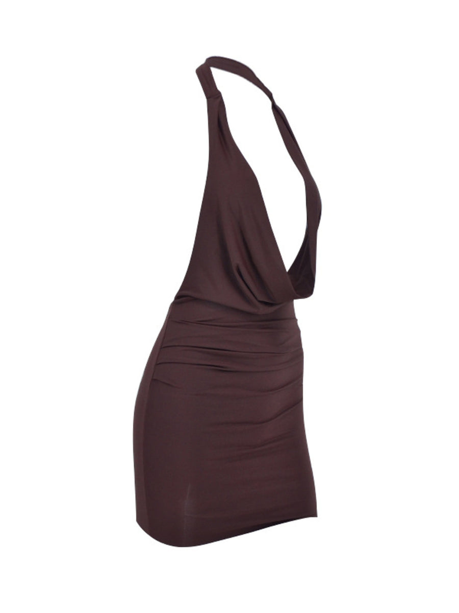Dark brown ruched cowl neck mini dress with halter straps and bodycon fit.