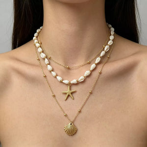 Gold with 18k Gold-plated Bohemian Seashell Layered Necklace in Gold