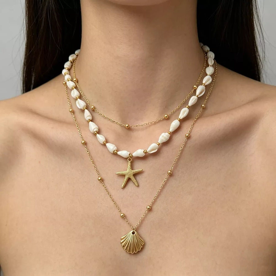 Gold with 18k Gold-plated Bohemian Seashell Layered Necklace in Gold