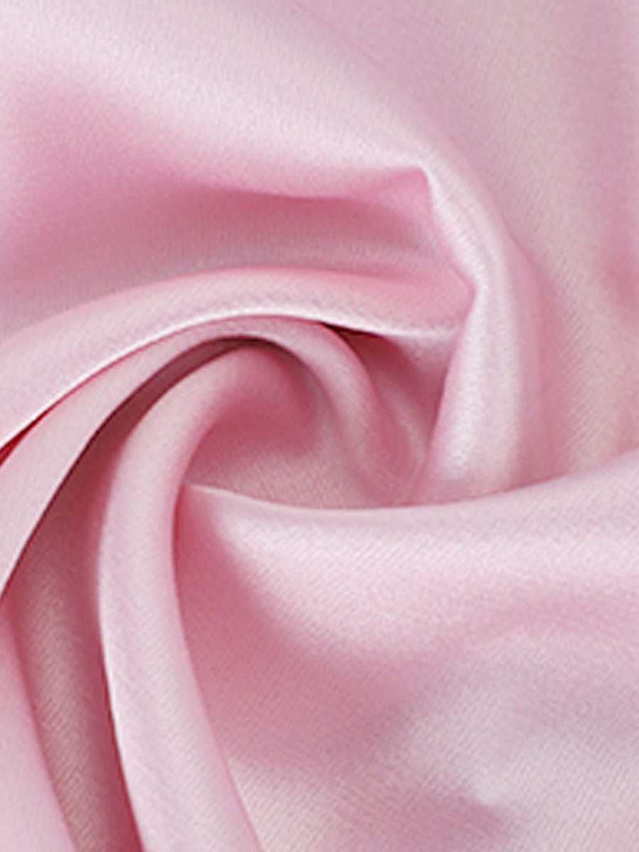 Pink satin camisole with delicate lace trim and asymmetrical hem detail.