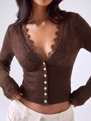 Chocolate fitted cardigan with v-neck