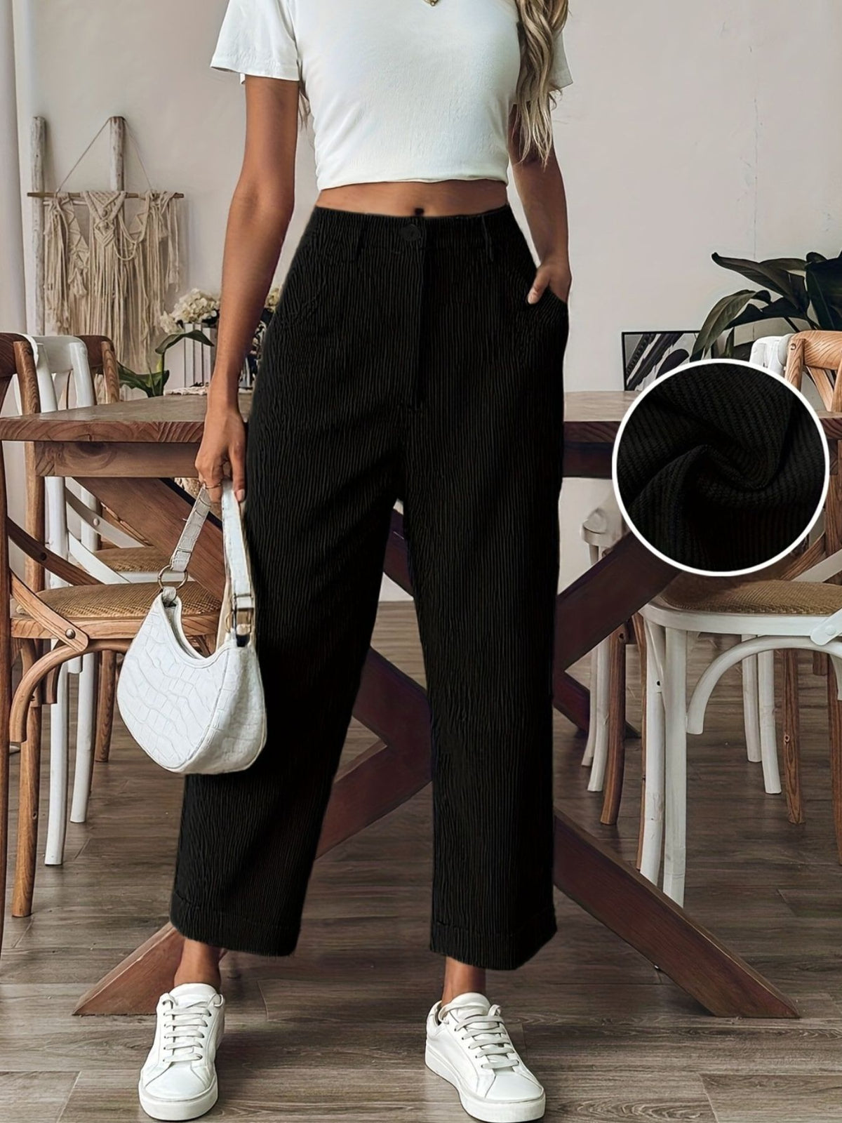 straight-leg pants in Khaki with corduroy and buttoned