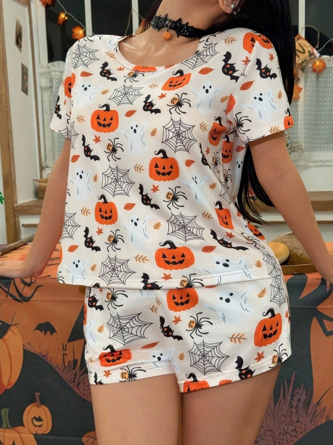 cream pajama set with novelty print and crew neck