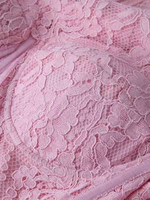 Pink lace midi dress with sheer sleeves detail