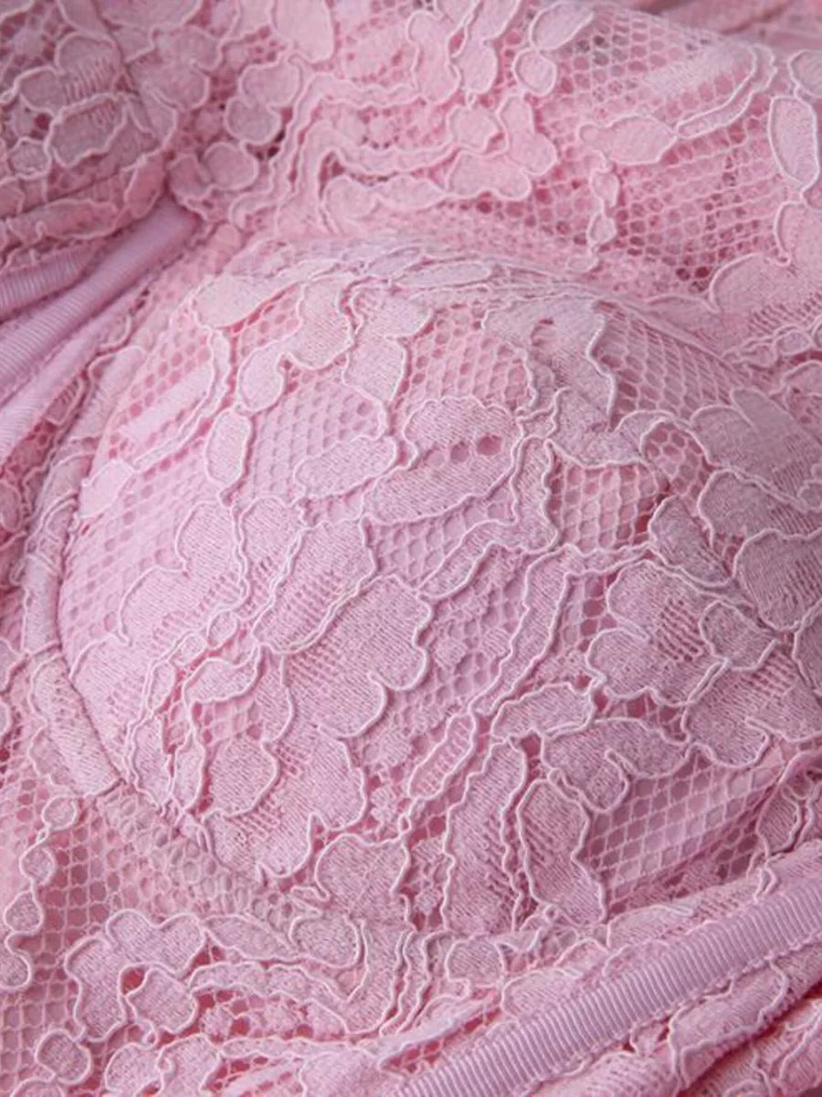 Pink lace midi dress with sheer sleeves detail