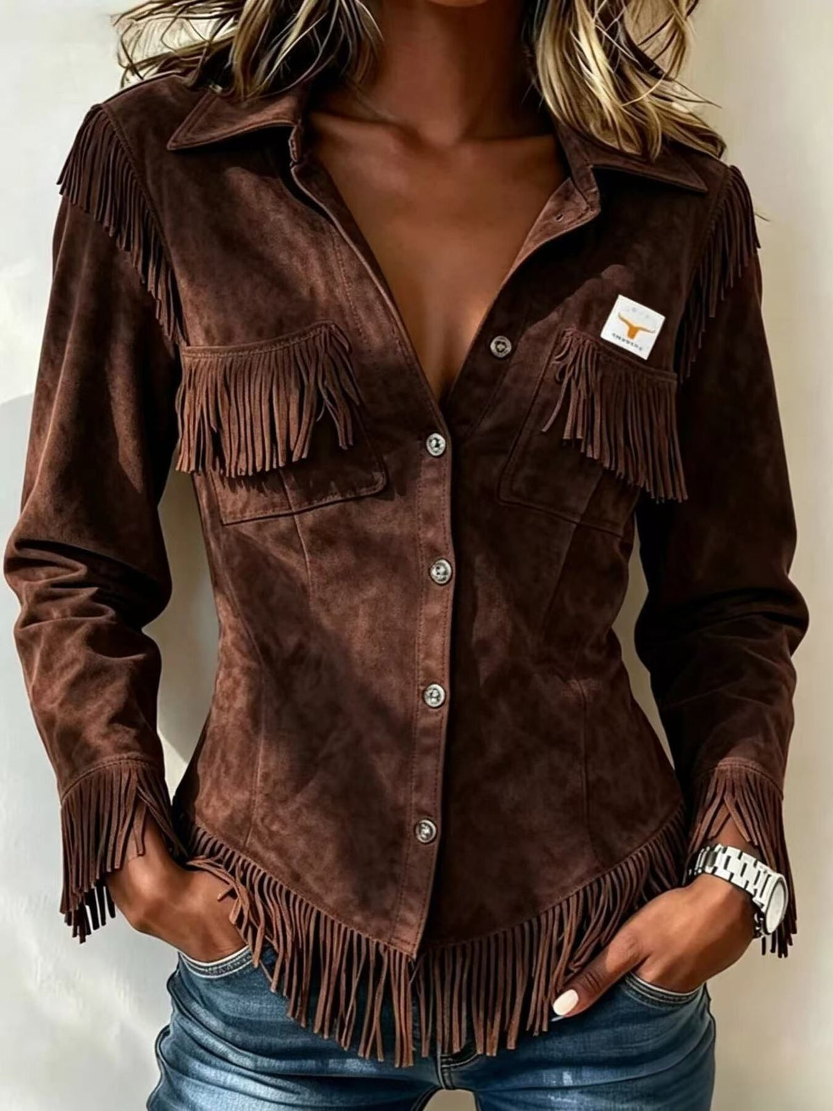 Beige jacket with hip-length and snap
