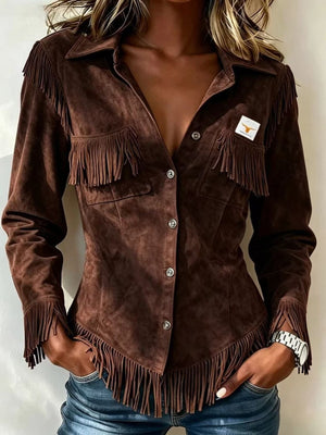 Beige jacket with hip-length and snap