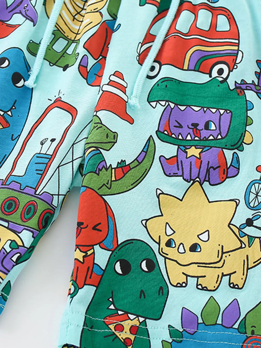 Light blue cotton toddler boys' underwear with a cartoon dinosaur and vehicle print.