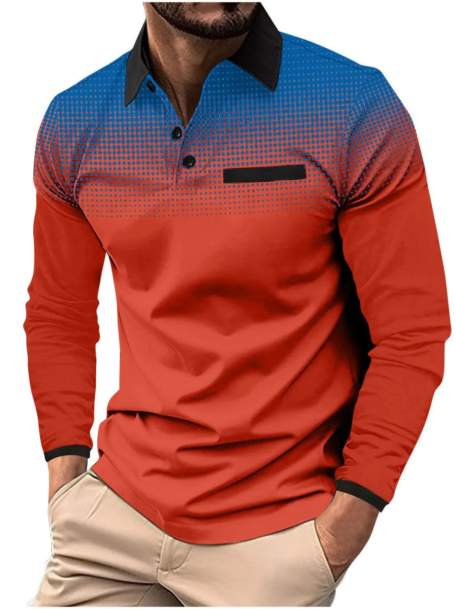 Long sleeve polo shirt with gradient dot print in blue and orange, black collar and pocket detail.
