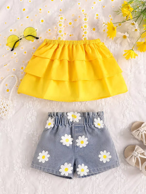 Yellow Children's Daisy Print Cami And Denim Shorts Set