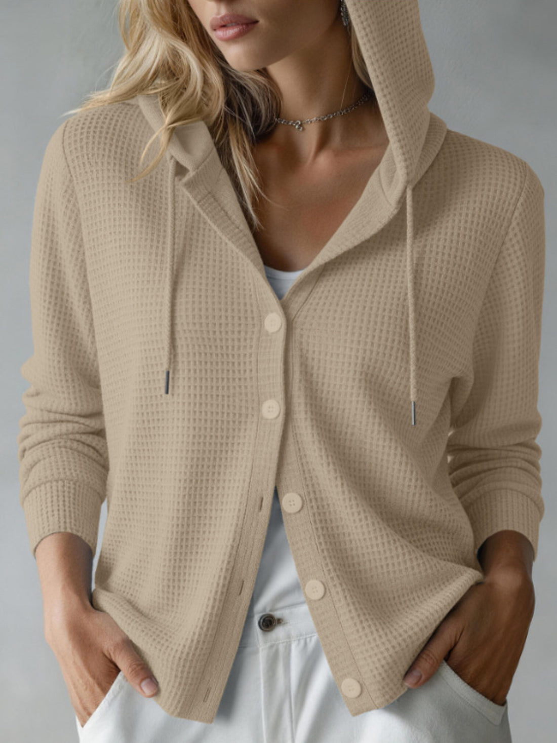 cardigan in White with waffle knit and waffle-knit