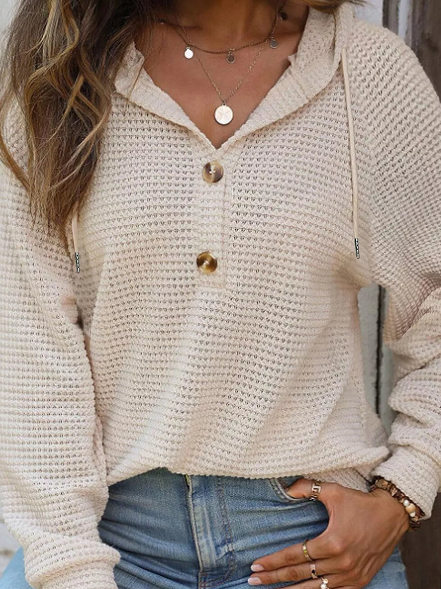 Waffle Knit Hooded Top With Drawstring in Beige