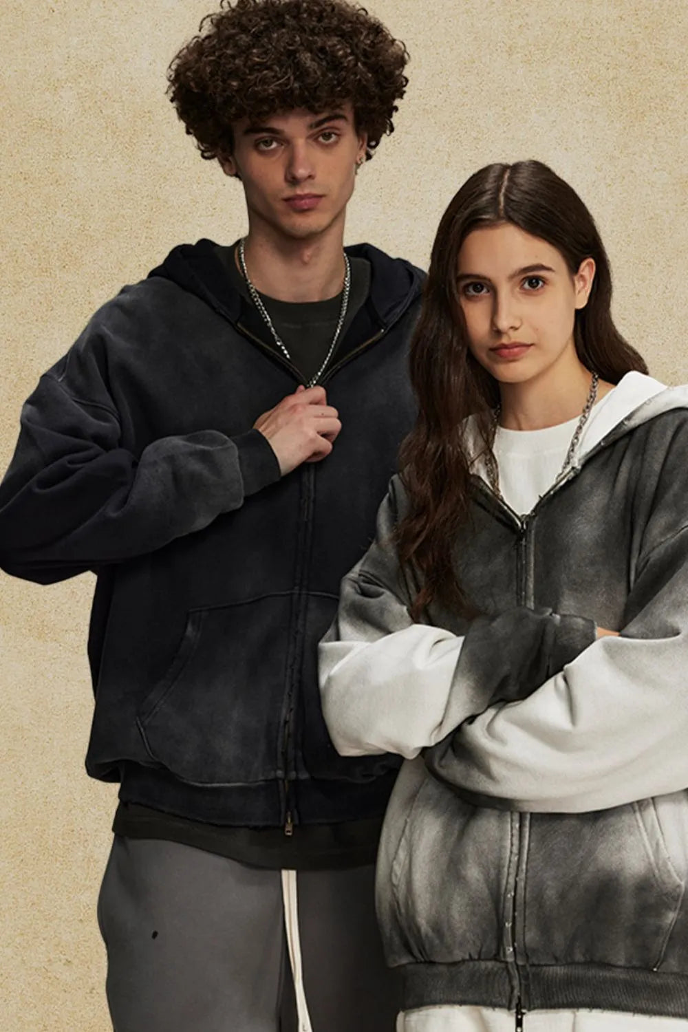 Ombre washed zip-up hoodie in black and white, featuring a relaxed fit and distressed details.