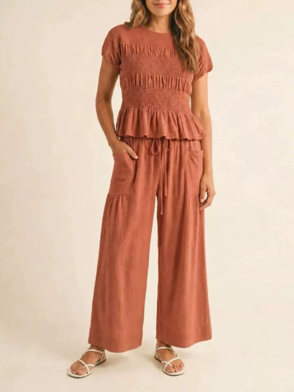 Smocked Peplum Top And Wide-leg Pants Set in Deep Teal